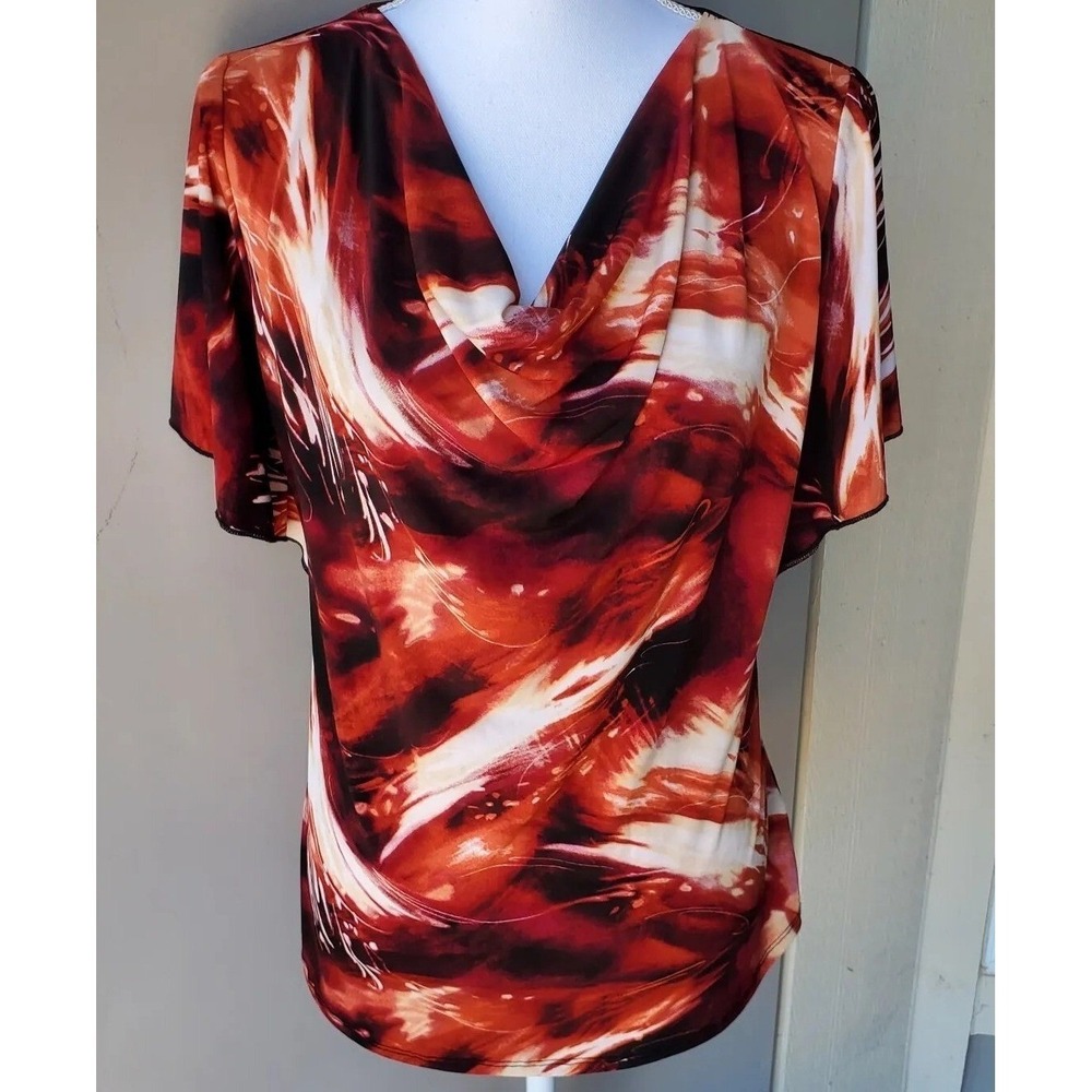 Shannon Ford New York Top Womens Medium Orange Abstract Cowl Neck Flutter Sleeve